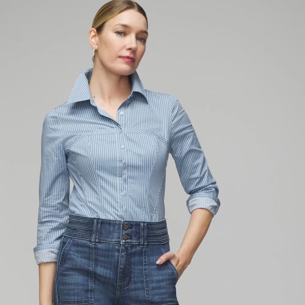 White House Black Market Long Sleeve Corset Poplin Button Down Shirt Blue Stripe